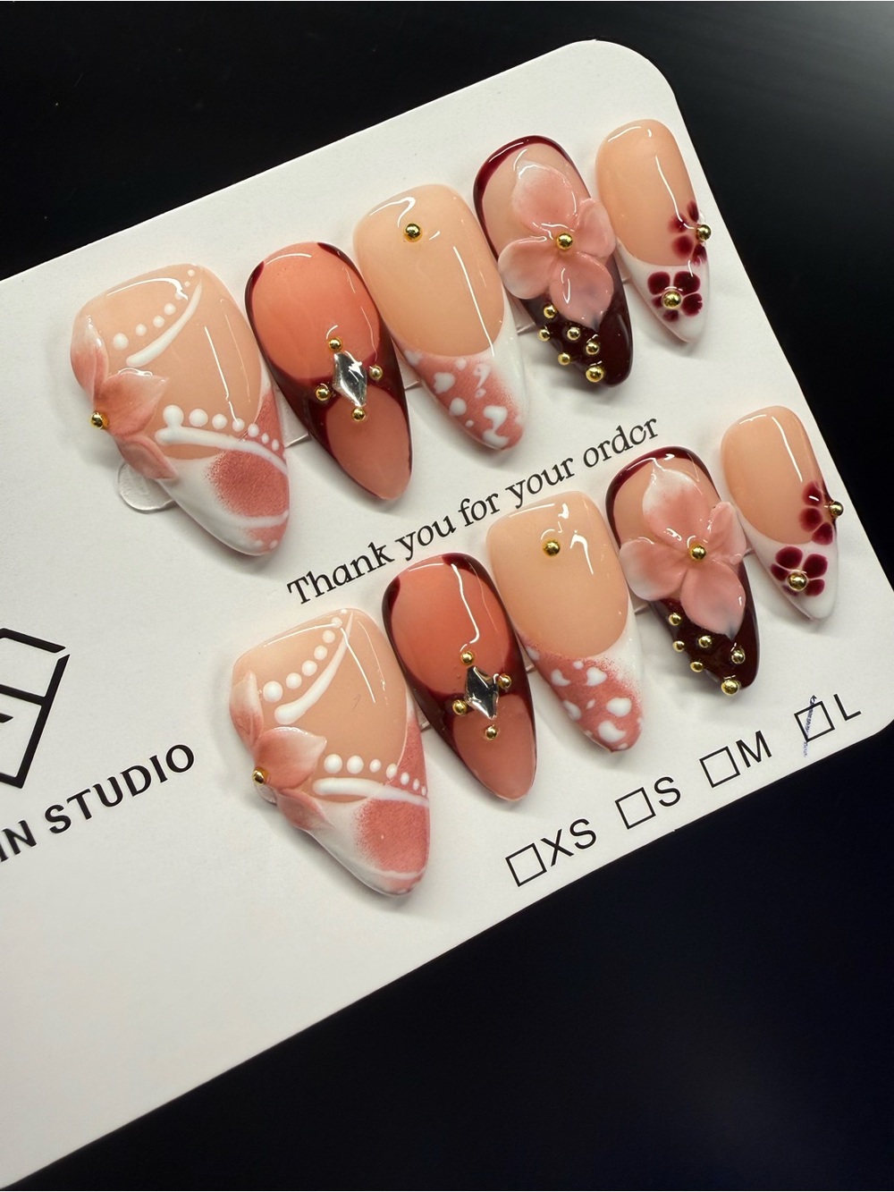 Burgundy Blossom 3D Floral Press-On Nails - Large